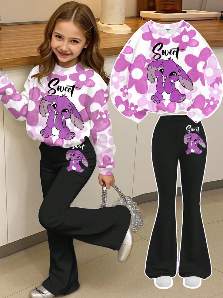 2pcs Set, Teen Girls' Casual Wear "purple sweet rabbits "
