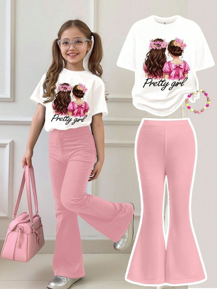 Tween Girl Owl & pretty girl short sleeve t-shirt & Flare Leg Pants