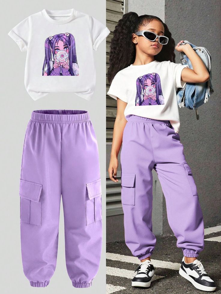 Girls' Purple Cargo Jogger Pant and white printed t-shirt