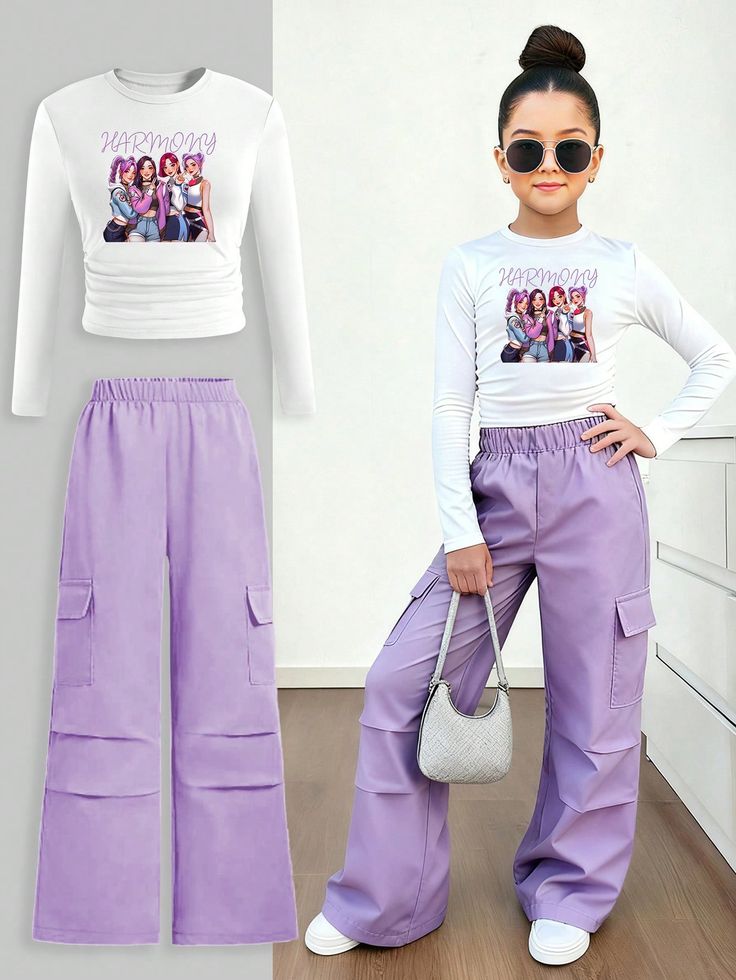 two-piece outfit long-sleeve crop top and wide-leg cargo pants.