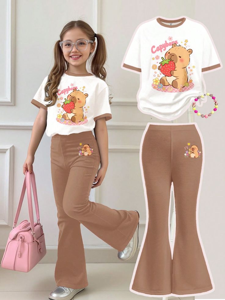 Capybara Print Two-Piece Set white t-shirt & brown bottom
