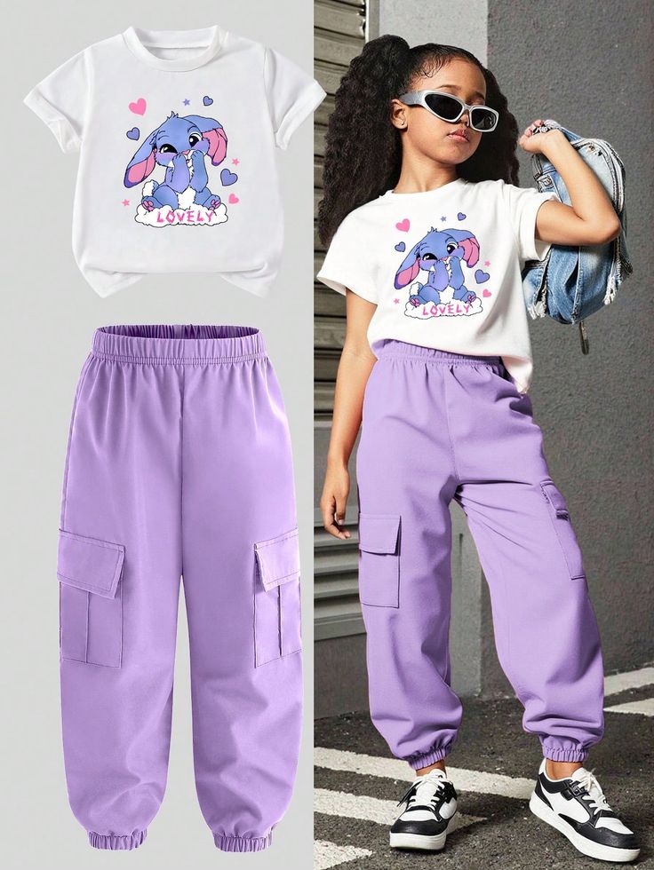 girls casual cargo jogger pants high waisted long length & white t-shirt