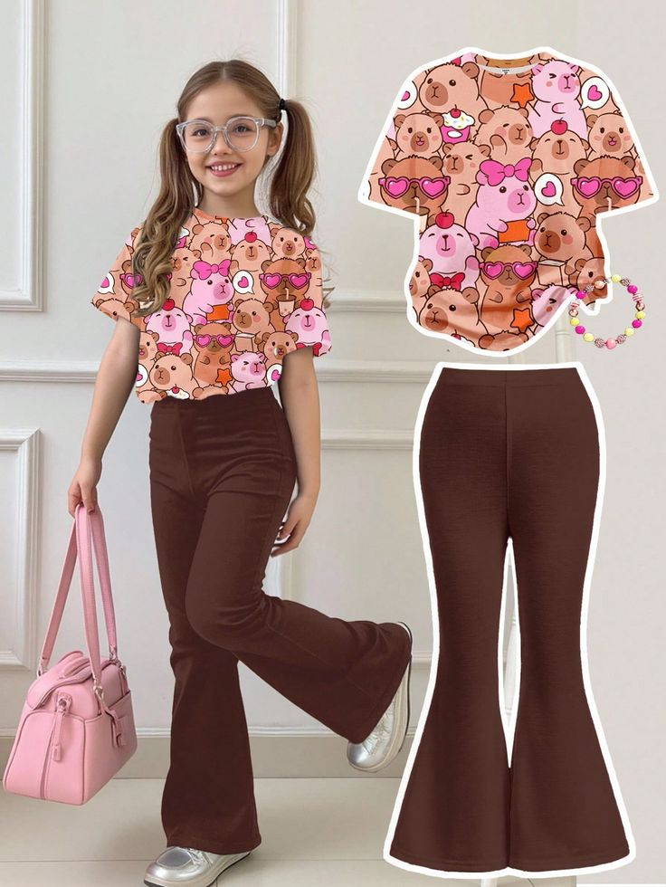 Cartoon Print Short Sleeve T-Shirt And Flare Pants Set, Soft And Machine Washable, Spring