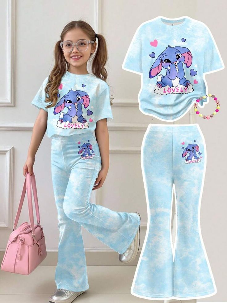 Girl Letter A Print Short Sleeve T-Shirt And Flare Pants Set, Soft And Machine Washable