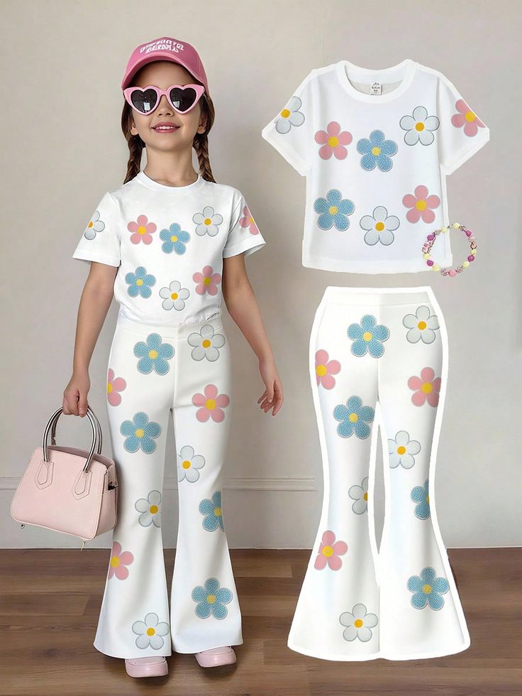 Toddler Baby Girl Floral Print T-Shirt and Flare Pants Set