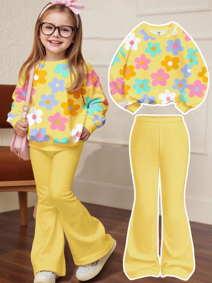 2pcs Set, Teen Girls' Casual Wear "yellow colorful flower "