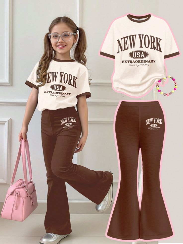 stylish girls fashionable western new york cream t-shirt & flared broun plaza