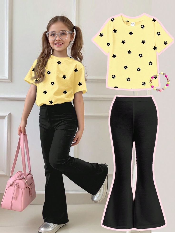 Yellow Flower Print Short Sleeve T-Shirt And Flare Pants Set, Soft And Machine