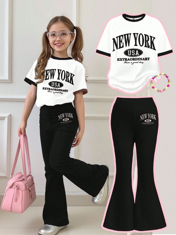 A Two-Piece Set for Girls white T-Shirt And Flared black Pants