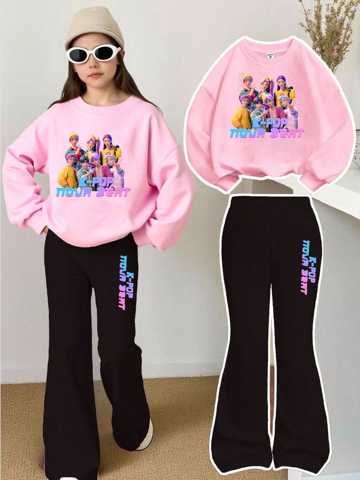Kids girl Long Sleeve Pink Sweatshirt And Simple Black Bottom
