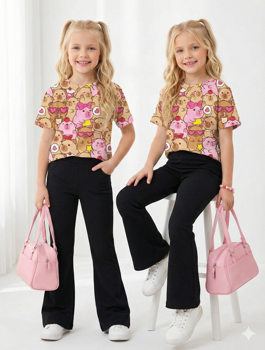 Girls Casual 2 Pieces Set, Short Sleeve Top And Long Pants, Suitable For Summer
