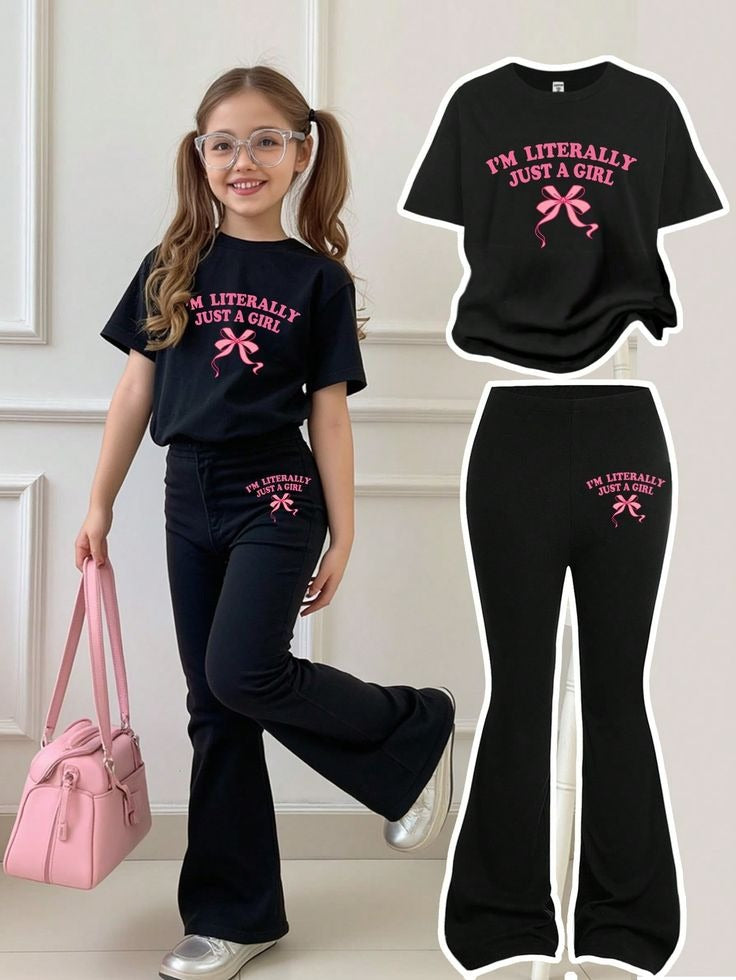 Young Girl Casual Minimalist Letter Graphic Short Sleeve T-Shirt And Flared Pants,