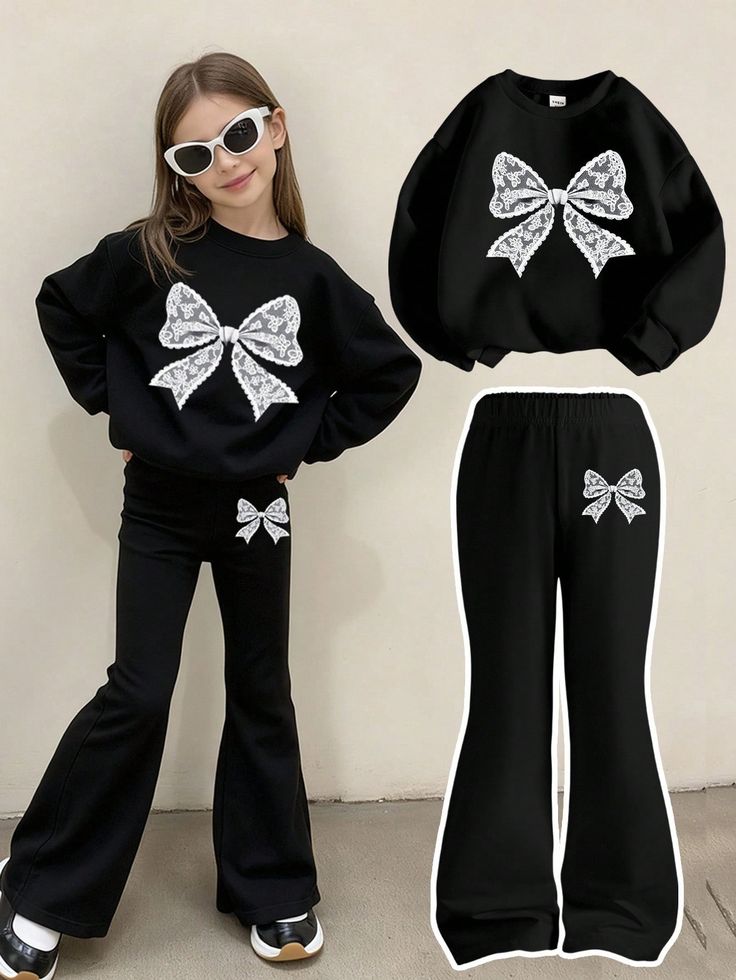 2pcs Set, Teen Girls' Casual Wear "White Bow with black Sweatshirt "