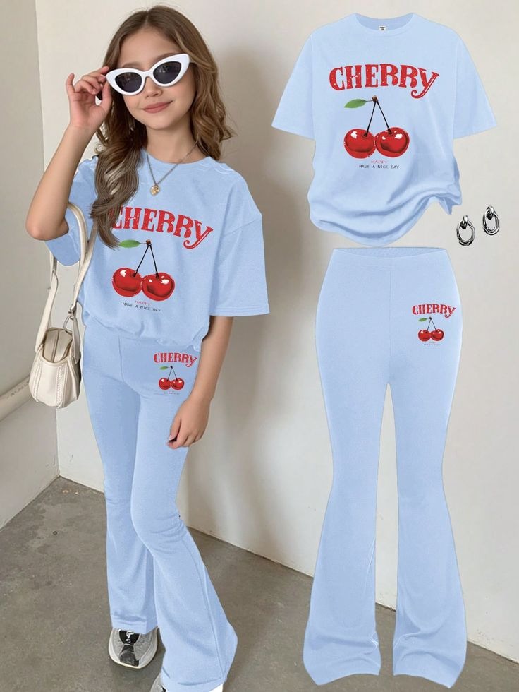baby Girl's sky Outfits Cherry Print Short Sleeve t-shirt & plaza pent
