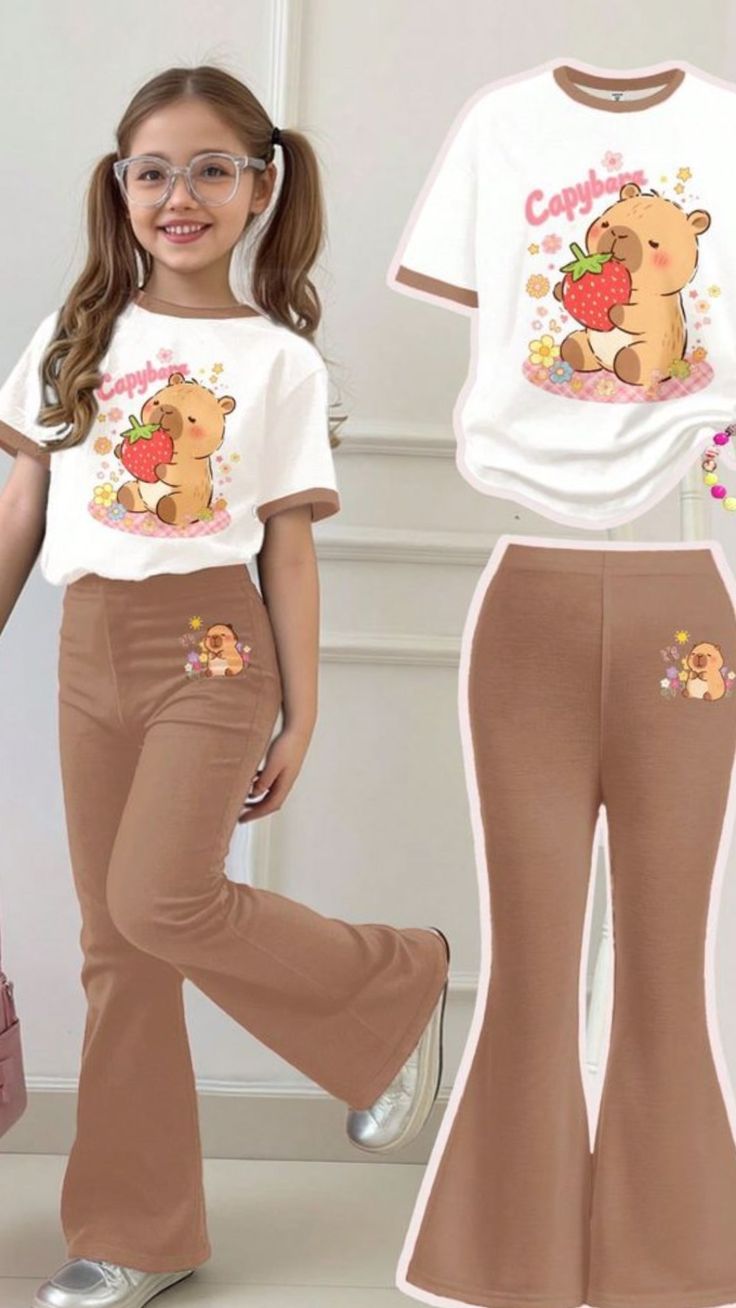 Tween Girls' Casual Loose Cherry Print T-shirt & brown bottom