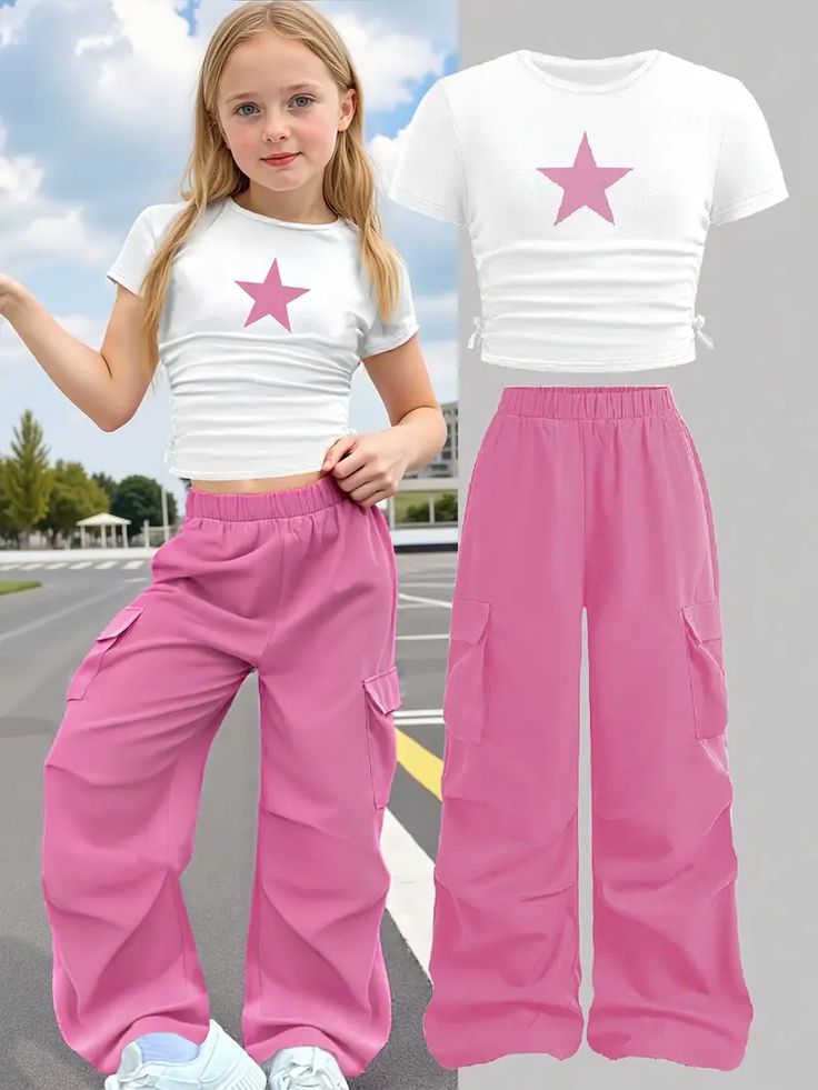 new style two piece set white t-shirt printed star & pink joggers