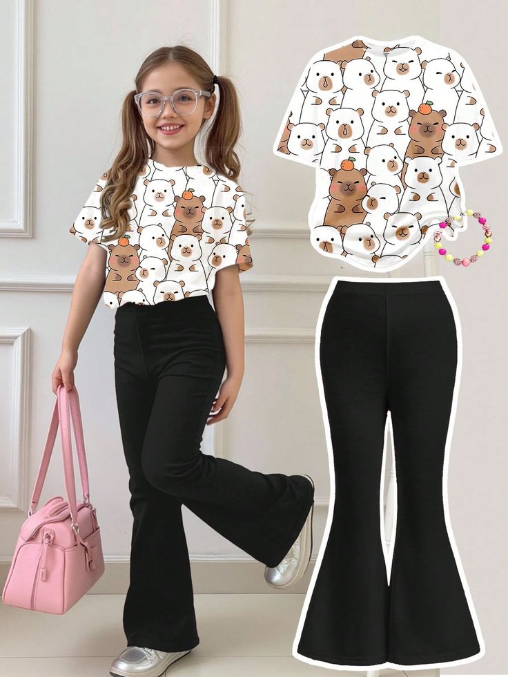 short-sleeve top and flared pants, suitable for teenagers as casual wear.