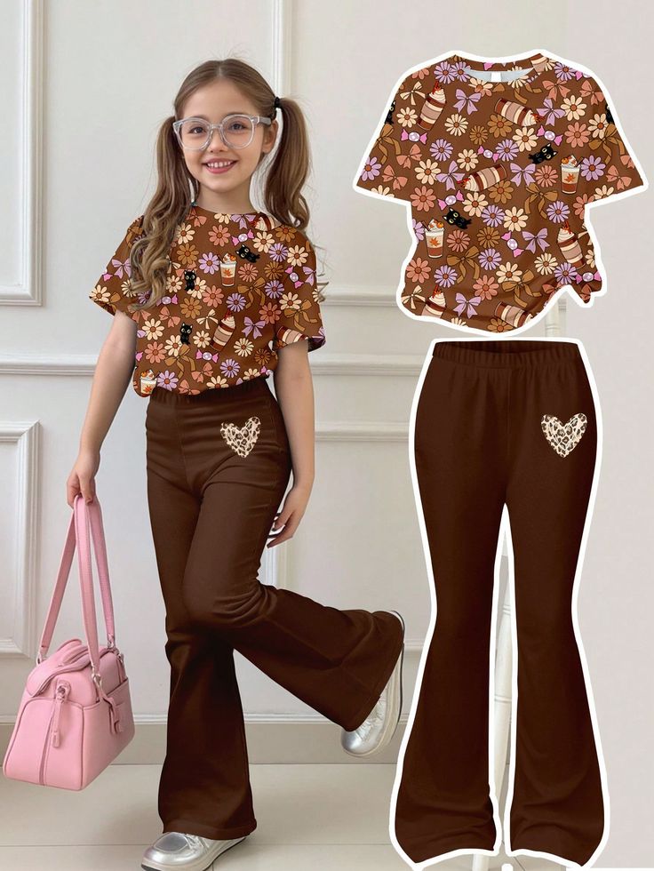 girls two piece short sleeved top flared pants set suitable