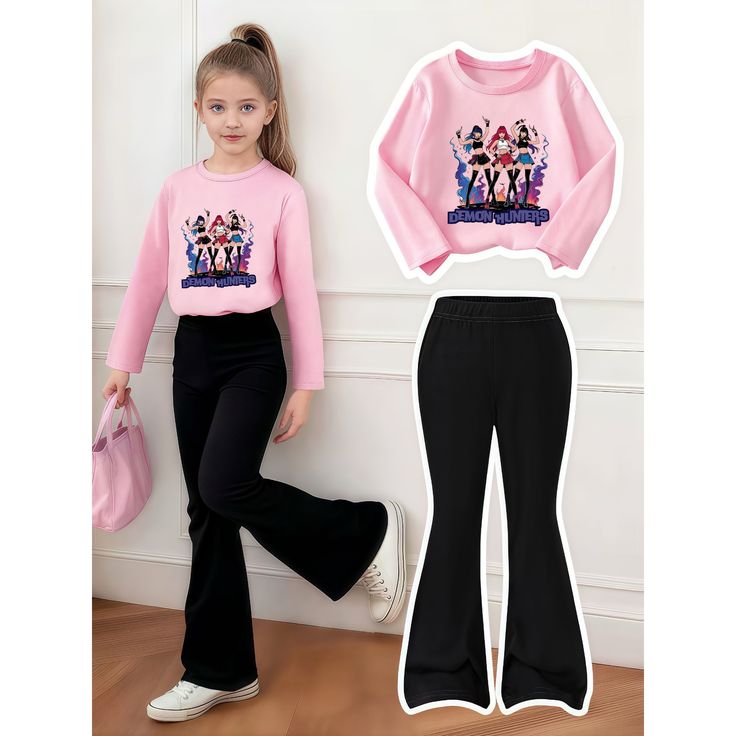2pcs Set, Teen Girls " pink full sleeve  t-shirt & black bottom "