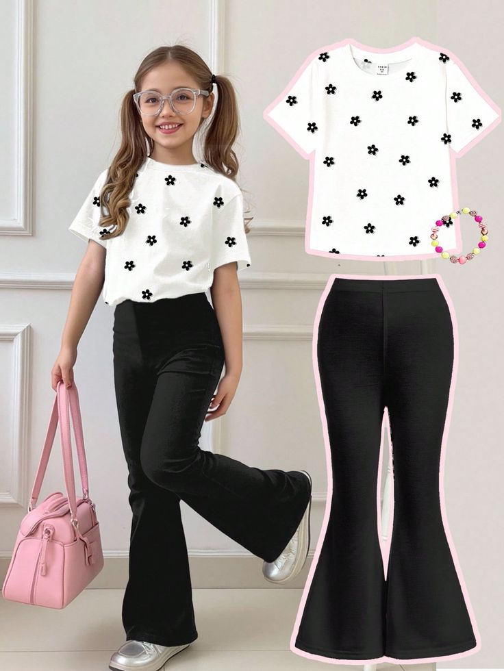 2pcs Tween Girl Letter A Print Short Sleeve T-Shirt And Flare Pants Set