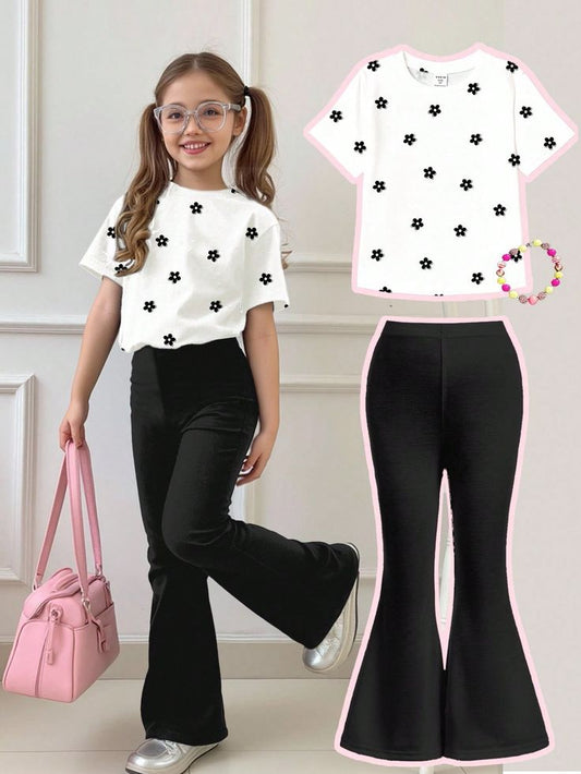 2pcs Tween Girl Letter A Print Short Sleeve T-Shirt And Flare Pants Set