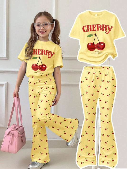 Girls' Summer Fashion Yellow Cherry Print Short-Sleeve T-Shirt And Flared Pants Set, Two-Piece Outfit for Kids