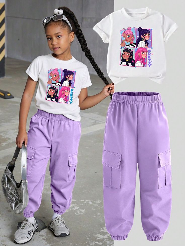 Tween Girl Casual Street Style Loose Oversized White t-shirt with purple joggers