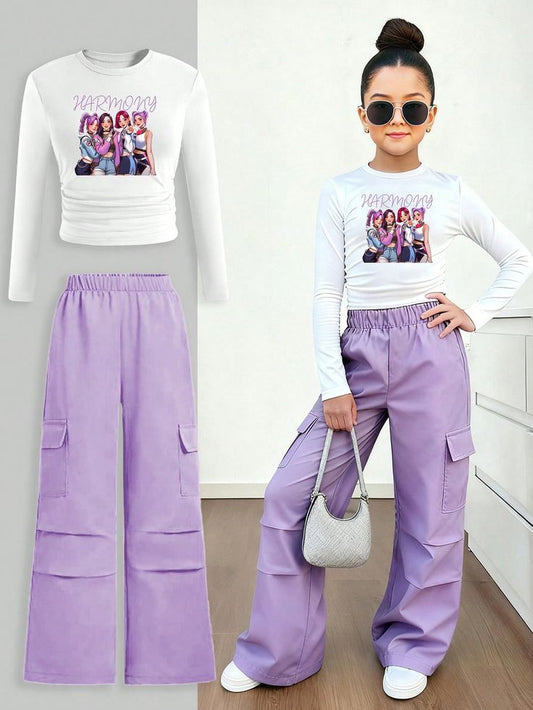 two-piece outfit long-sleeve crop top and wide-leg cargo pants.