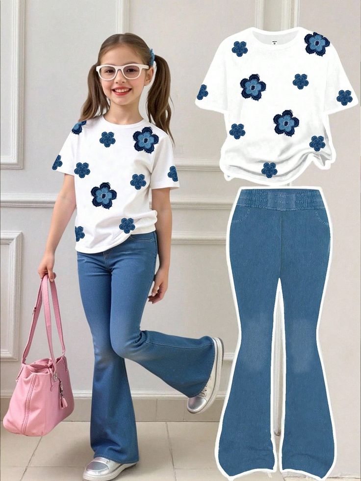 Girls' Casual Floral T-Shirt and Flare Jeans Set.