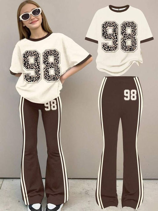 Minimal Letter Graphic Loose Fit Short Sleeve T-Shirt And Flared Pants Set".