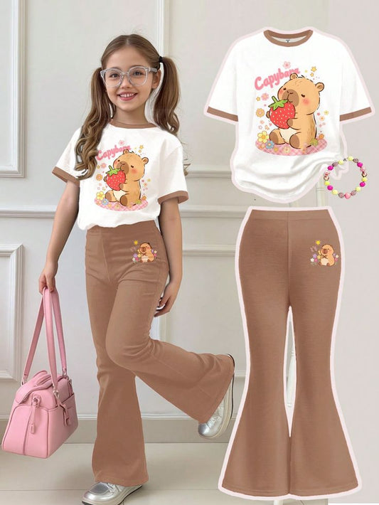 Capybara Print Two-Piece Set  white t-shirt & brown bottom