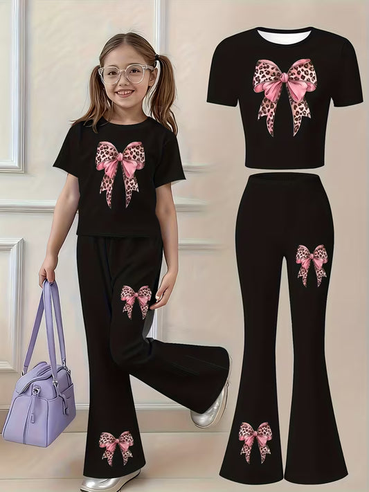"Girls' Black and Pink Bow Graphic T-shirt and Flared Pants Set".