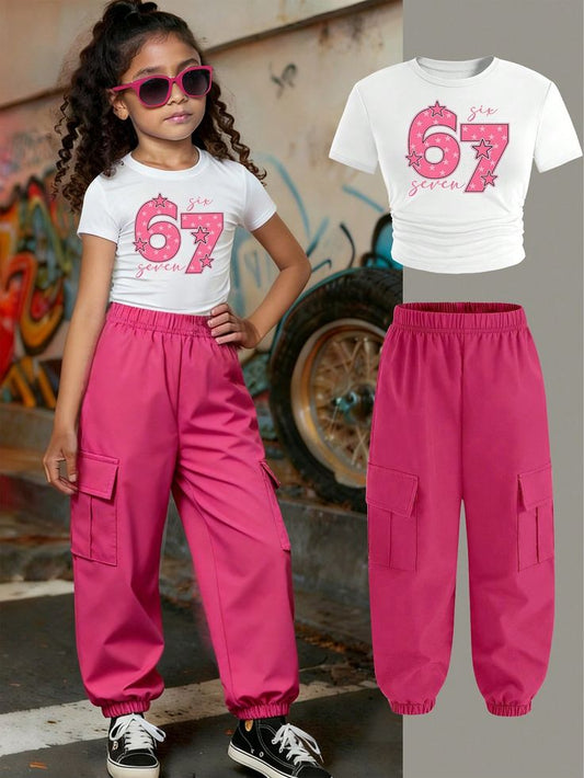 The specific color of the pants is fuchsia or a vibrant pink & white t-shirt