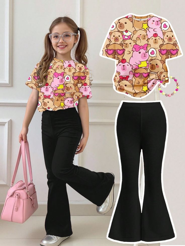 Girls Casual 2 Pieces Set, Short Sleeve Top And Long Pants, Suitable For Summer