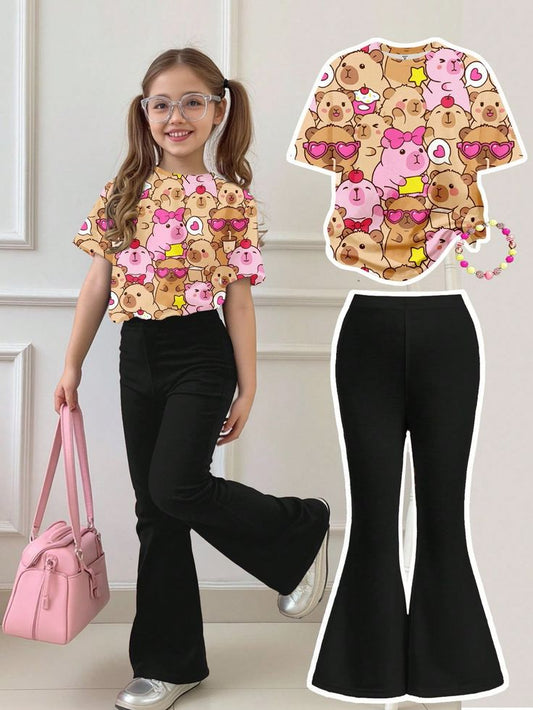 Girls Casual 2 Pieces Set, Short Sleeve Top And Long Pants, Suitable For Summer