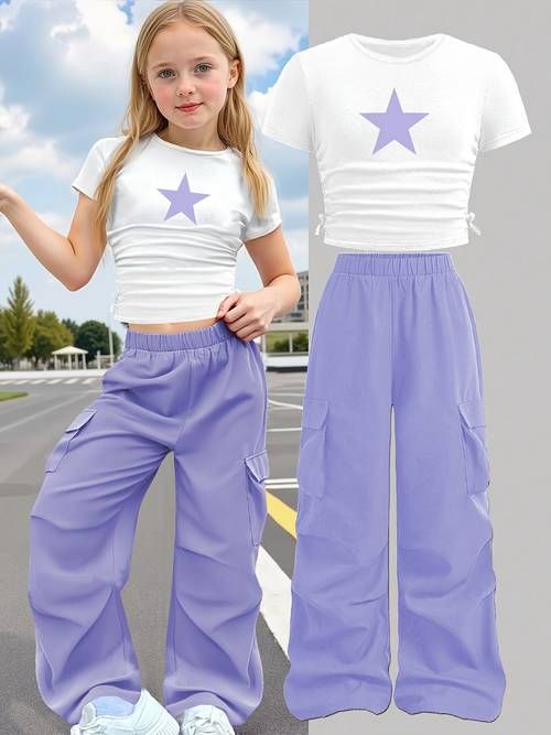 Girls' Crew Neck Short Sleeve Top with star printed + Cargo Wide Leg Pants.