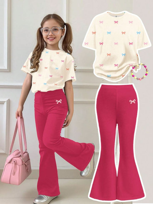 Girls multi colour bow Short Sleeve t-shirt & Pants Set Suitable For Summer