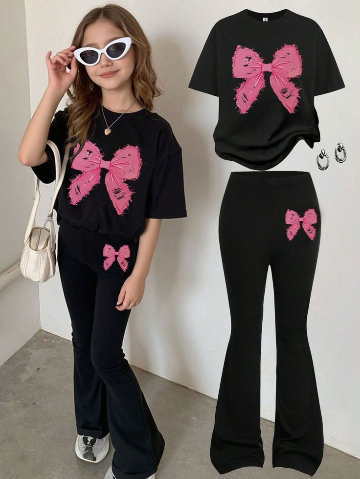 girls pink bow short sleeve sweet t-shirt & flare pent set