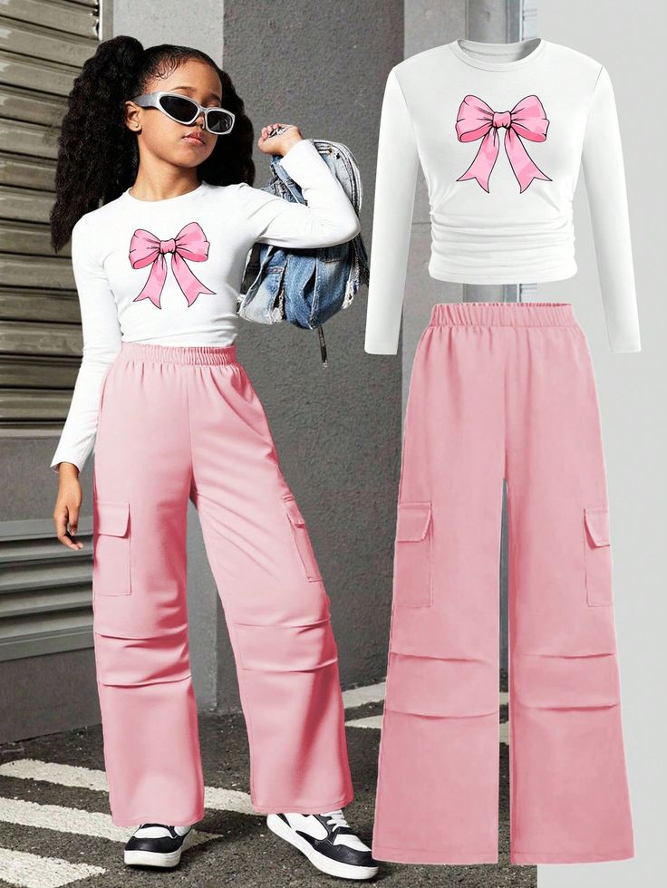 Girls'  Ribbed Long-Sleeve Top and Cargo Wide-Leg Pants Set
