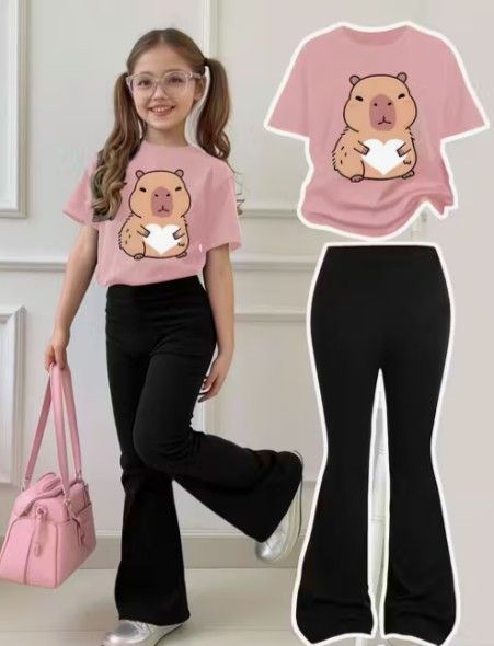 2pcs Tween Girl Letter A Print Short Sleeve T-Shirt And Flare Pants Set,