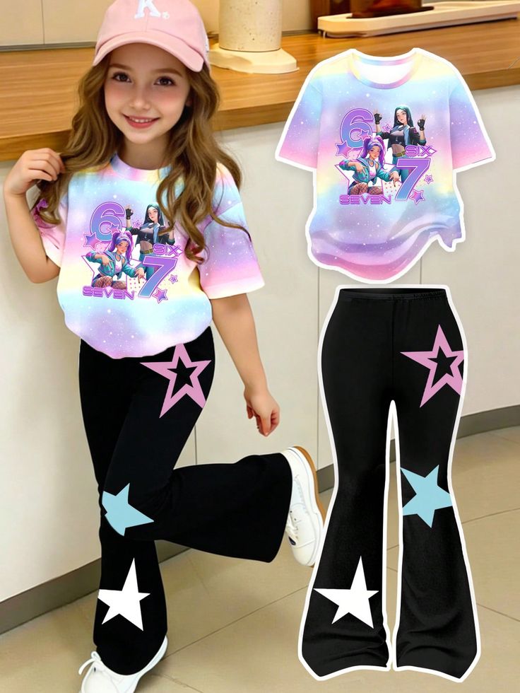 Girls' Cartoon Character & Colorful Star Print T-shirt and Flare Pants Set.