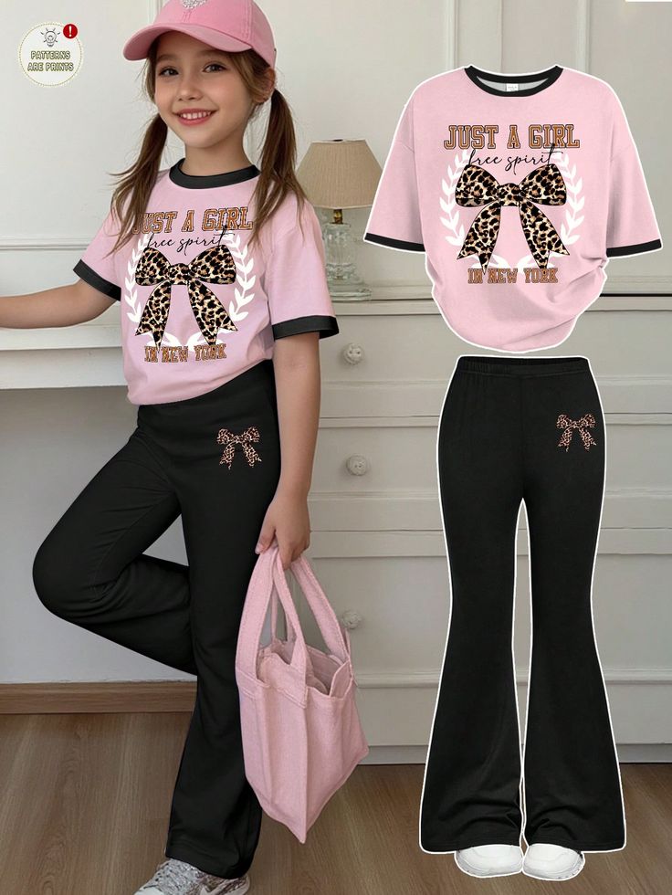 Kids party wear  Cord-Set stylish Palazzo with leapard print bow short sleeve t-shirt
