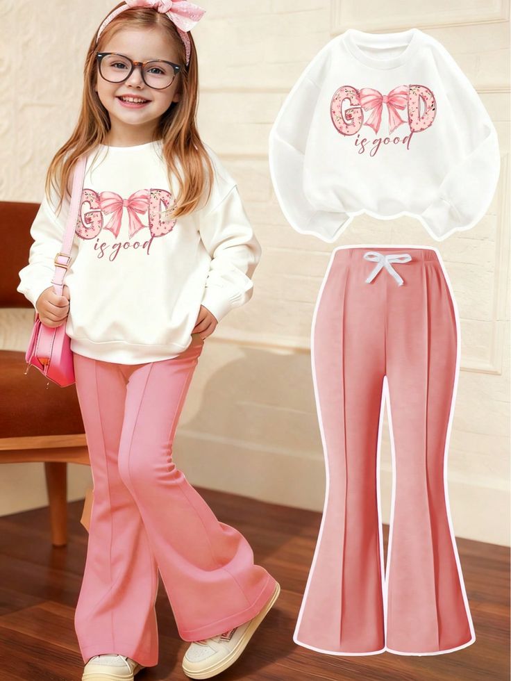 2pcs/Set Tween Girl  Good print Graphic Sweatshirt And Flares Pants Set