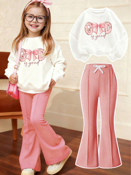 2pcs/Set Tween Girl  Good print Graphic Sweatshirt And Flares Pants Set