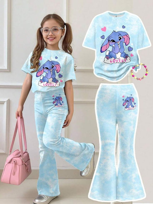 Girl Letter A Print Short Sleeve T-Shirt And Flare Pants Set, Soft And Machine Washable