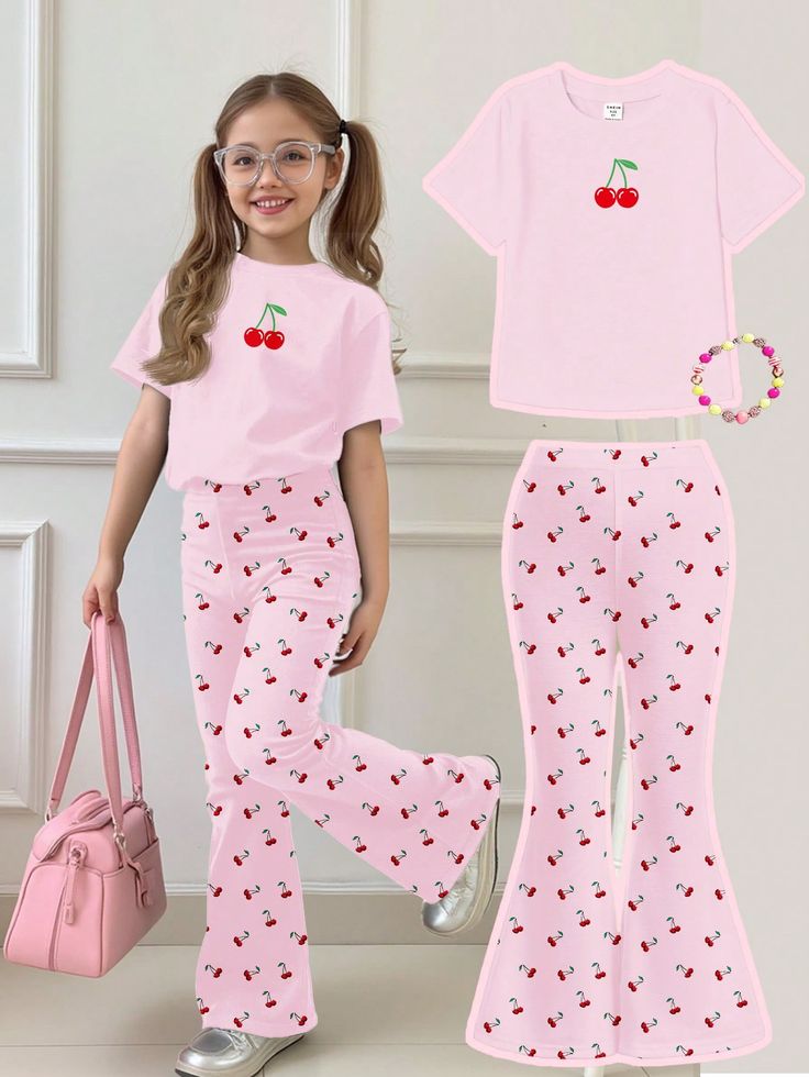 Cherry Print Top + Flared Long Pants with Cherry Pattern pink cord set