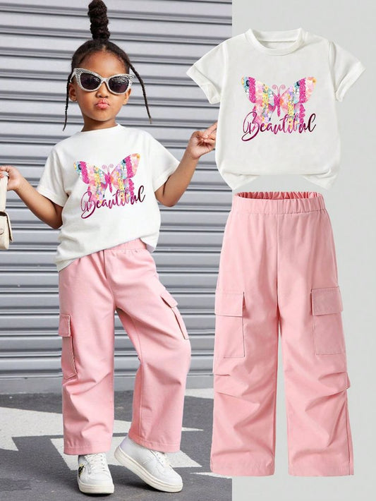 2 Piece Graphic butterfly And Cargo Pants Set