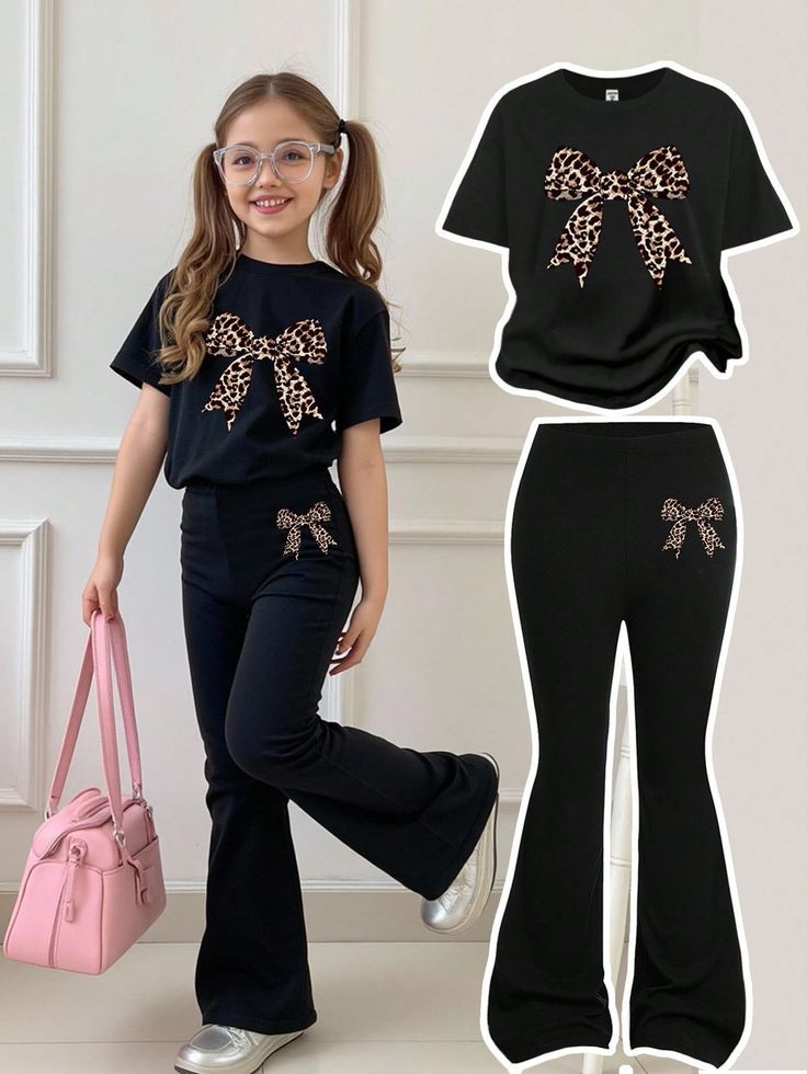 Vintage Leopard Print and Bow Pattern Print  T-shirt + Leopard Print Flare Pants