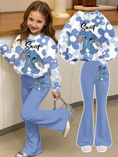 2pcs Set, Teen Girls' Casual Wear "blue sweet rabbits "