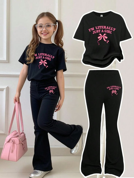 Young Girl Casual Minimalist Letter Graphic Short Sleeve T-Shirt And Flared Pants,